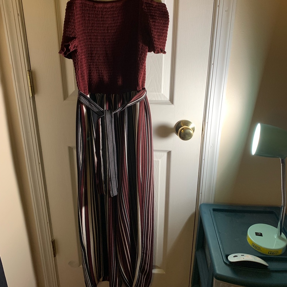 Burgundy and striped jumpsuit